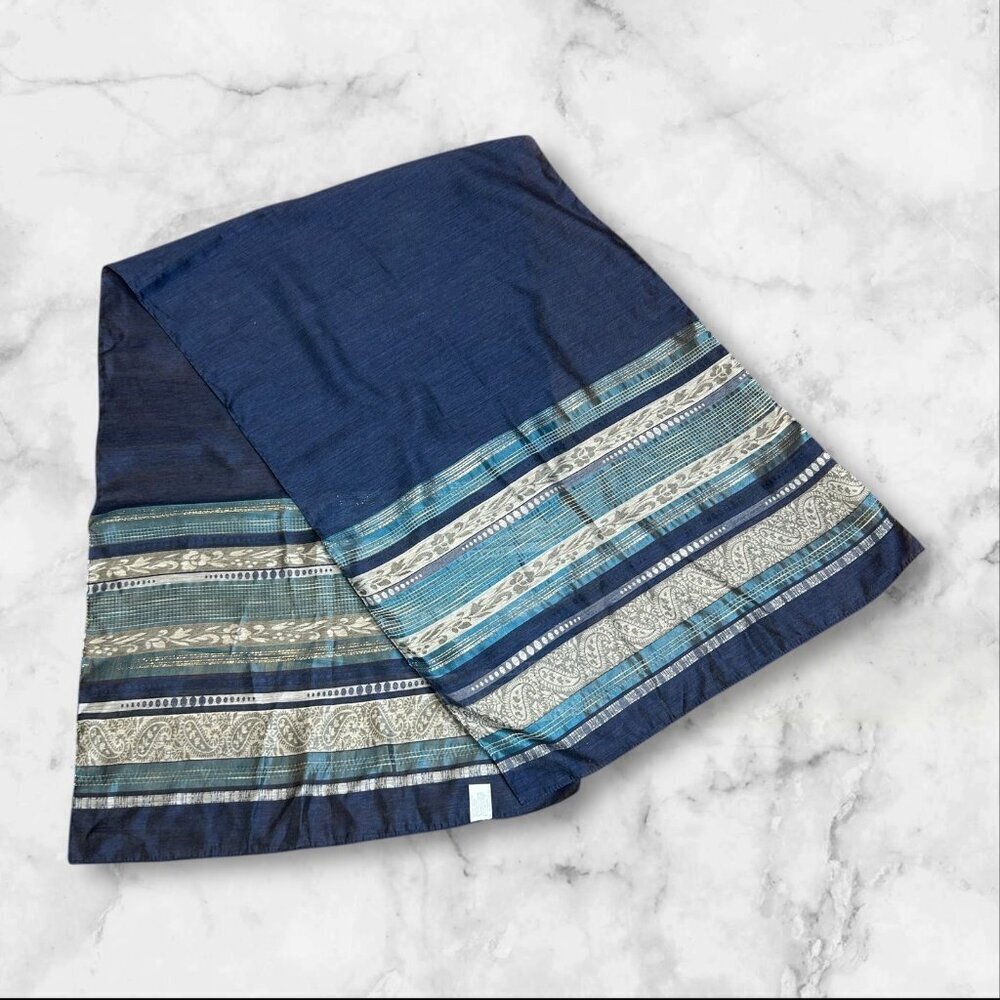 Made in Italy Blue Ethnic Tribal Boho Print Gold Threads Rectangular Scarf